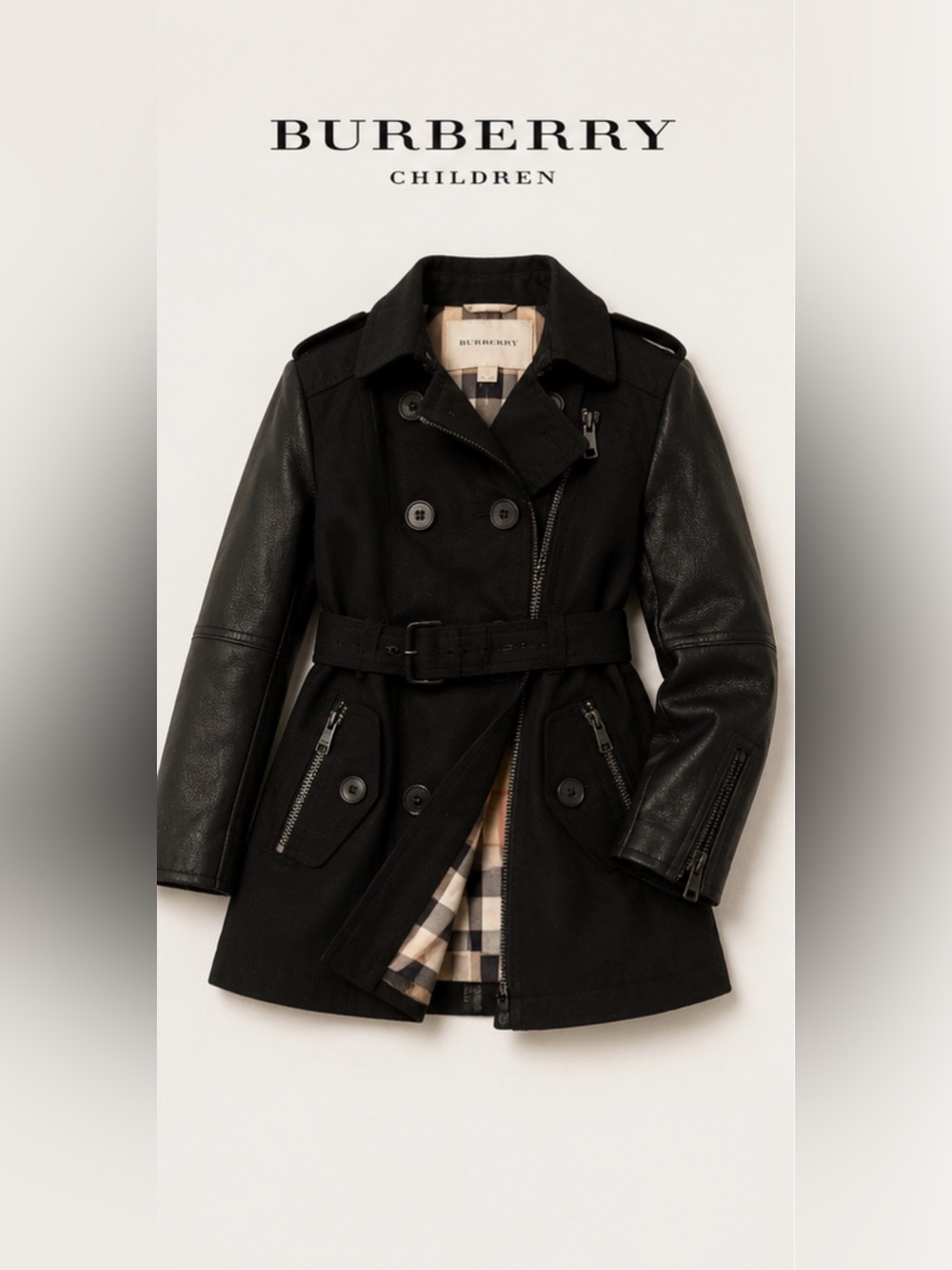 Burberry Kids Leather Sleeve Trench Coat Size 4Y Rare Designer Black Jacket